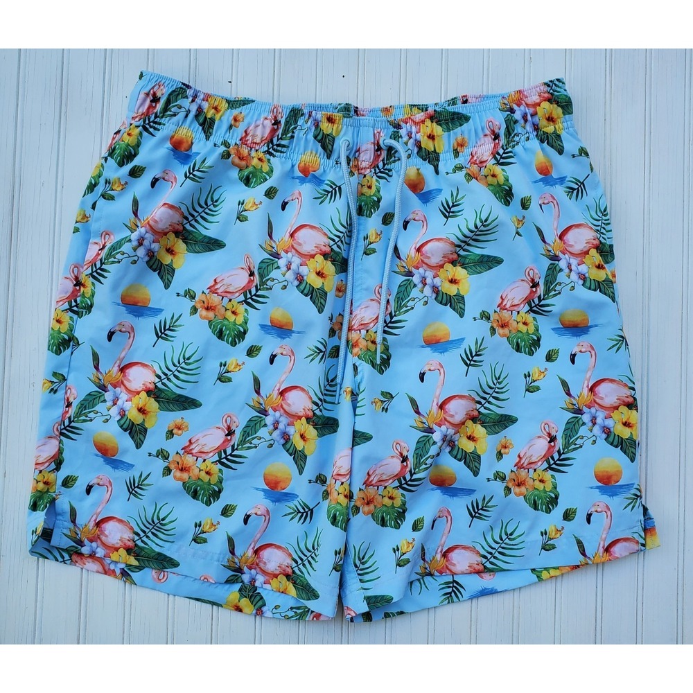 George Above The Knee Blue Topaz Flamingo Swim Shorts Men's Size Large (36-38)